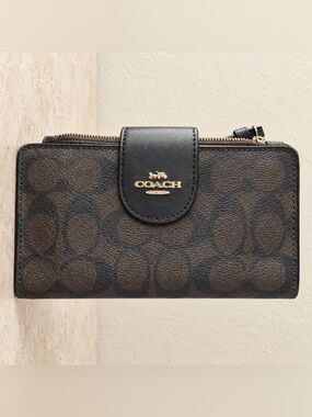 Coach Brown & Black Signature Zip Continental Wallet
